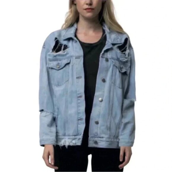 Women’s Denim Jean Jacket Distressed Light blue wash Oversized Size Small NWT - Picture 8 of 15
